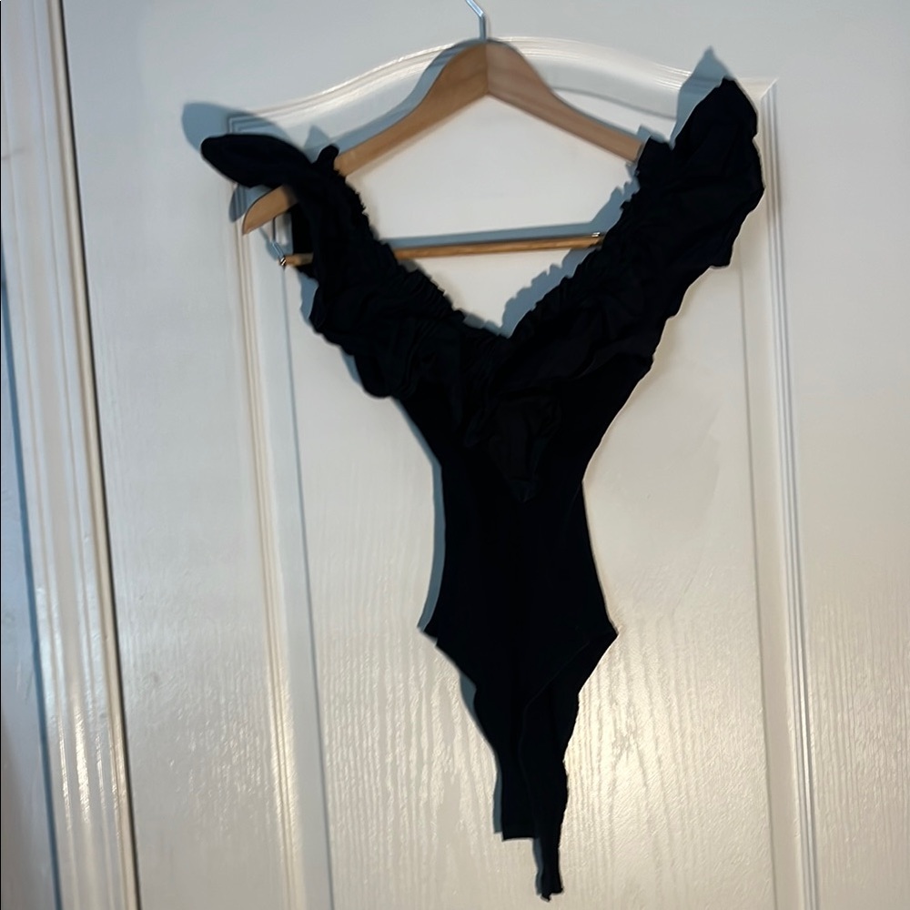 Flying Tomato Black Ruffled Bodysuit